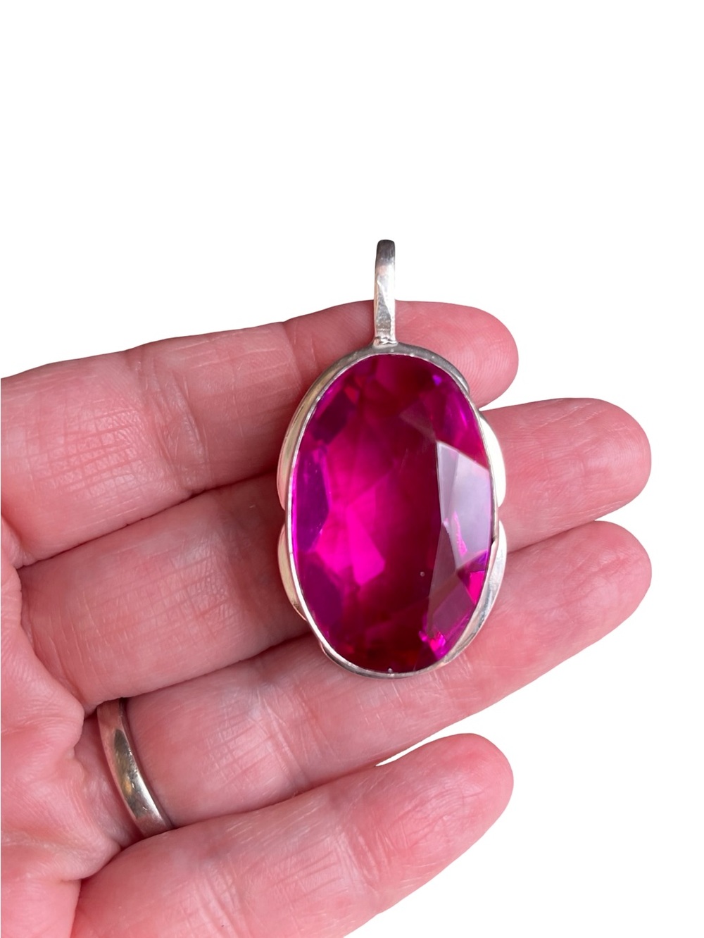 Large-Pink Oval Topaz Silver Gemstone 2” Pendant